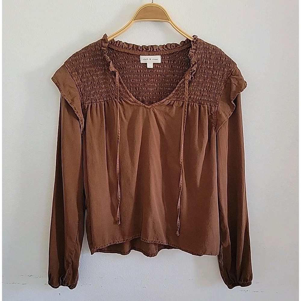 Cloth and Stone Peasant Blouse Chocolate Brown Lantern Sleeve Boho Hippie Preppy